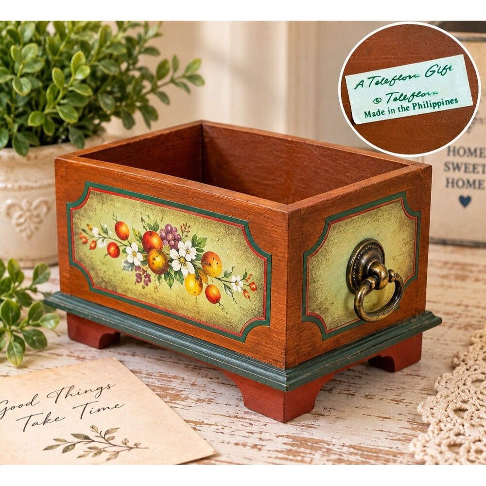 Vintage Teleflora Wood Floral Fruit Trinket Box Philippines Brass Ring Pull Box
